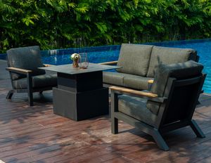 weatherproof fabric deep seat cushions lounge set sofa and armchairs with up and down coffee and dining table in aluminium and HPL