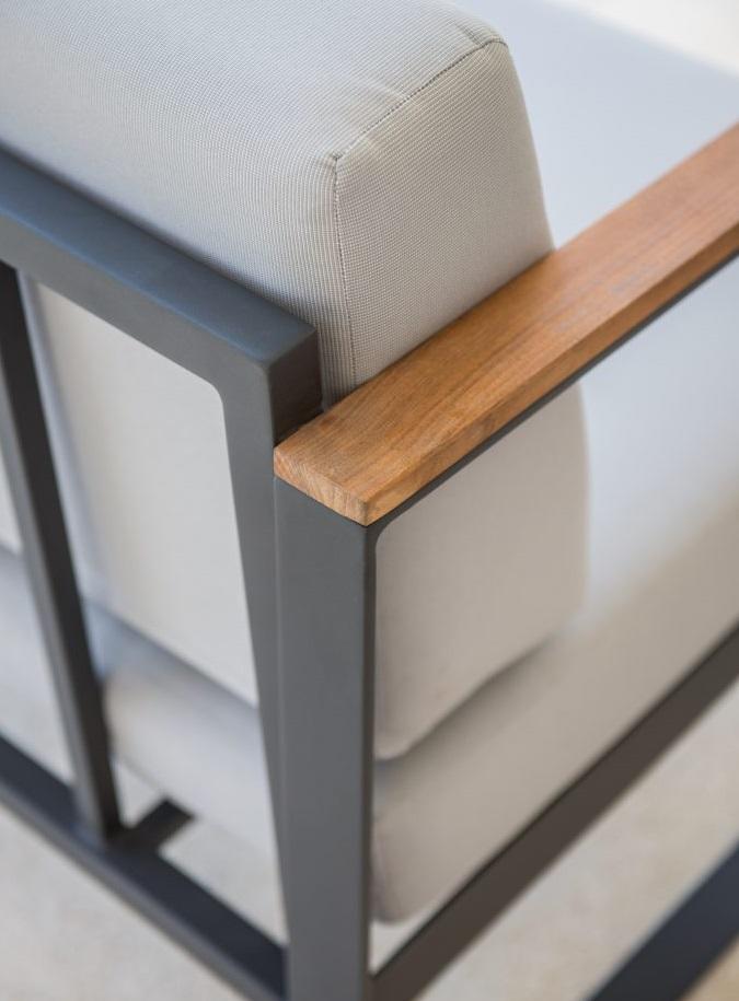 detail of garden armchair back frame in grey aluminium metal