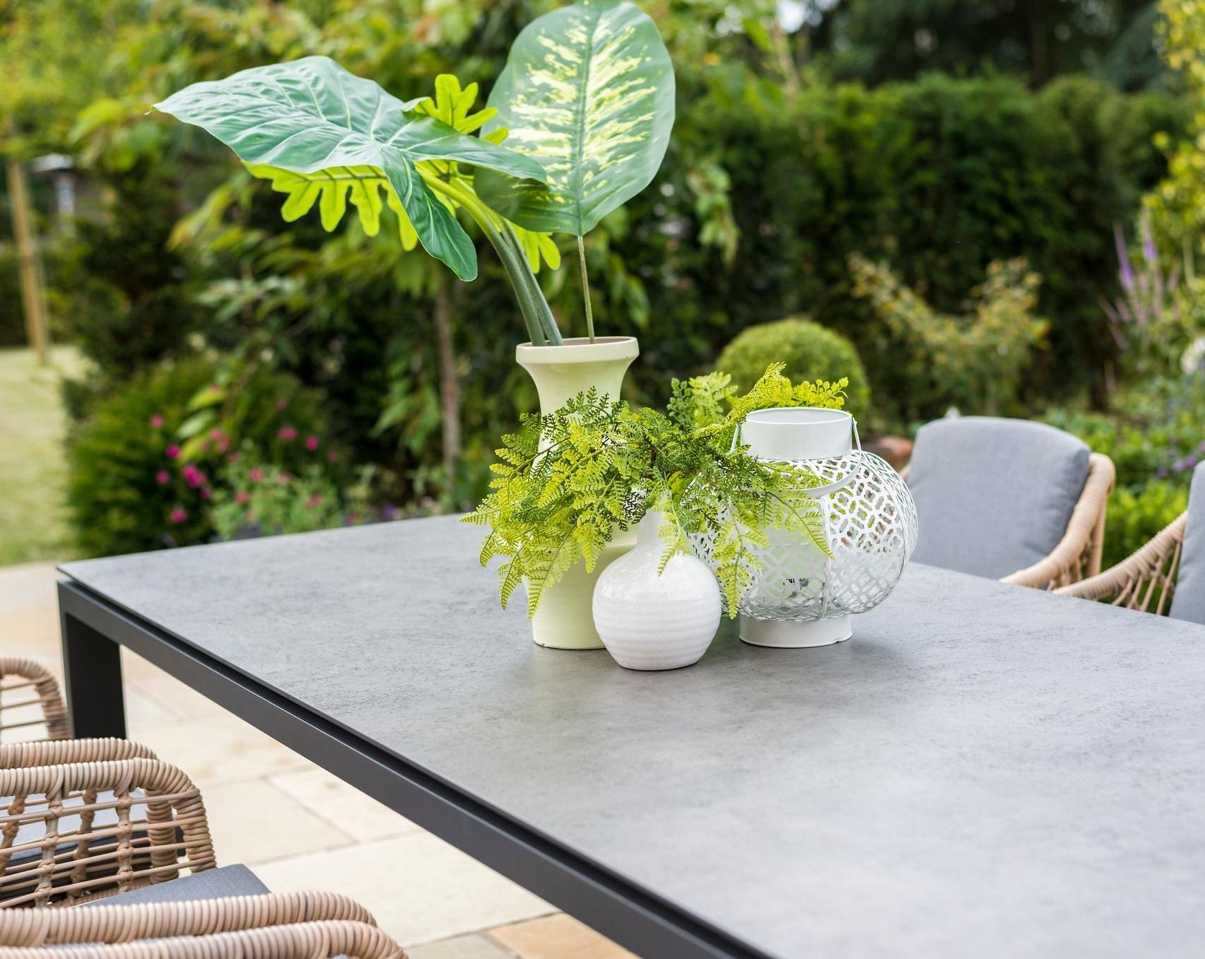detail of grey HPL garden patio dining table