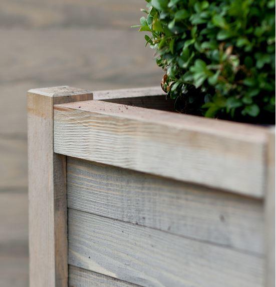 detail of spruce wood outdoor garden cubed square planter