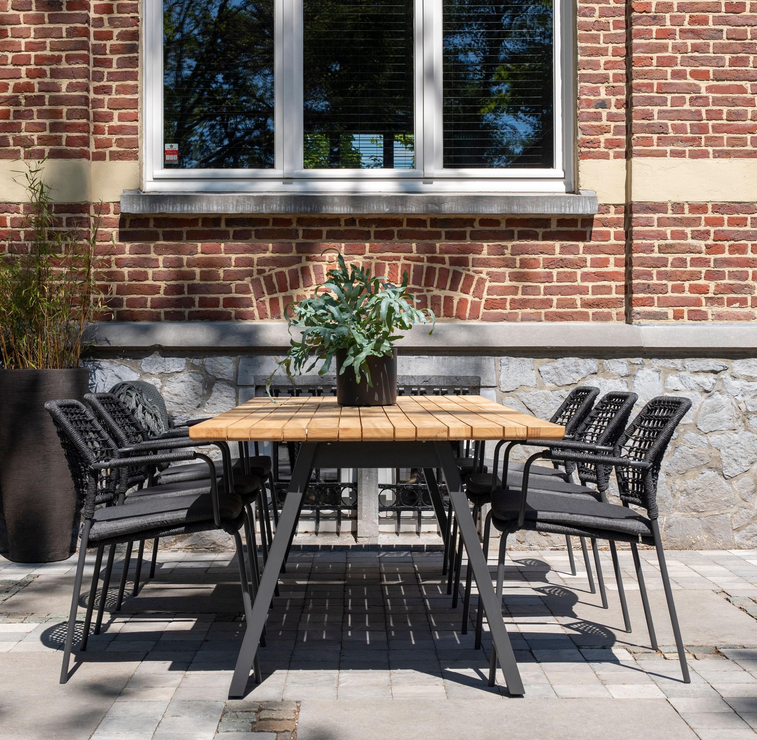 patio garden dining set of 6 knotted rope weave grey garden dining chairs and teak 240 cm long large garden dining table