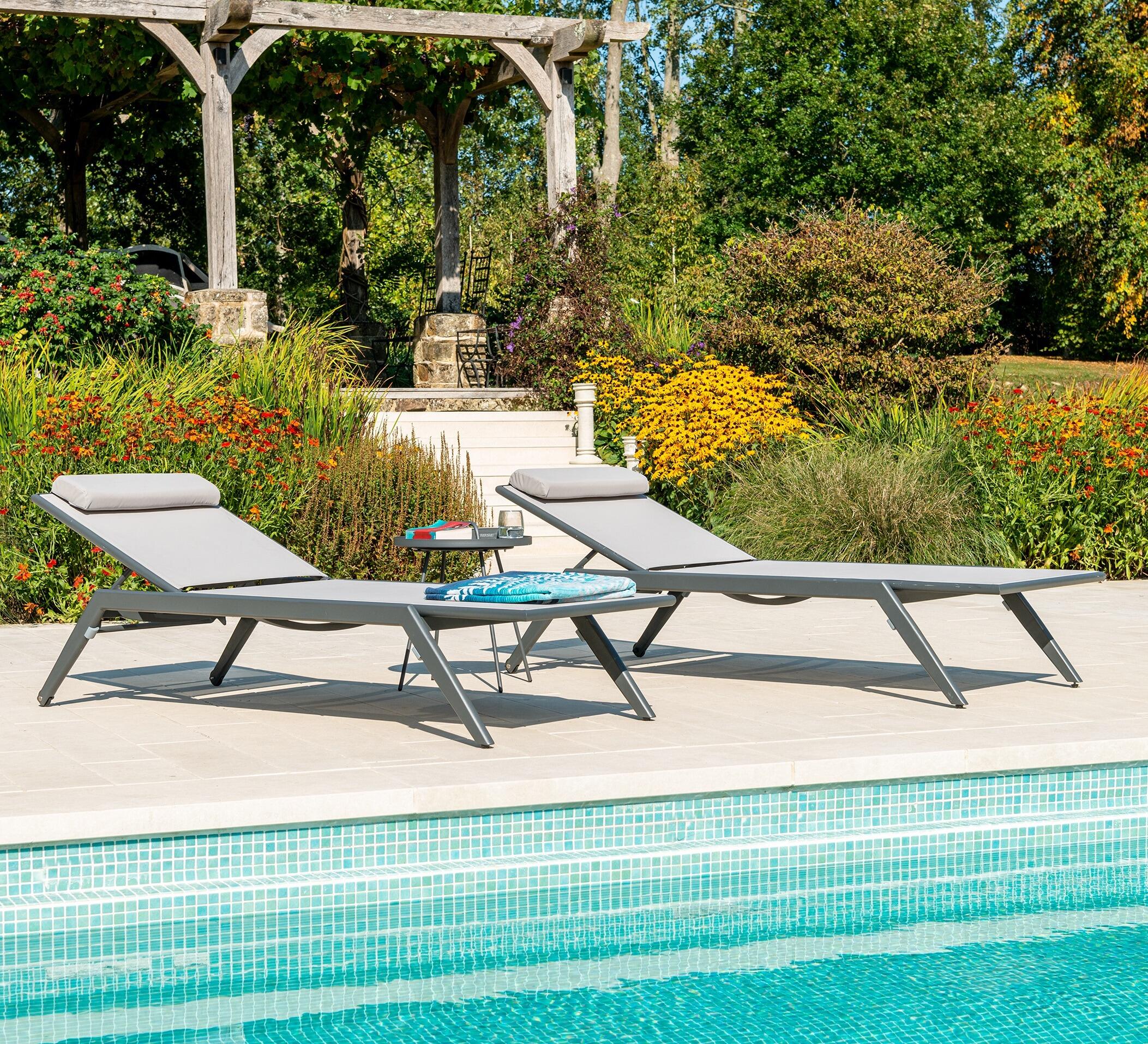 pair of aluminium and textilene sling garden sun loungers sunbeds grey modern recliners