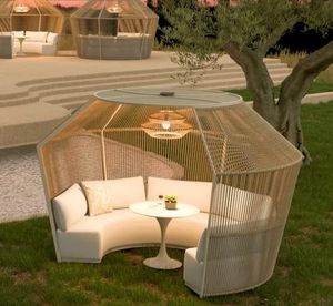 garden living dining pod all weather cushions and rattan wicker canopy and frame natural sand