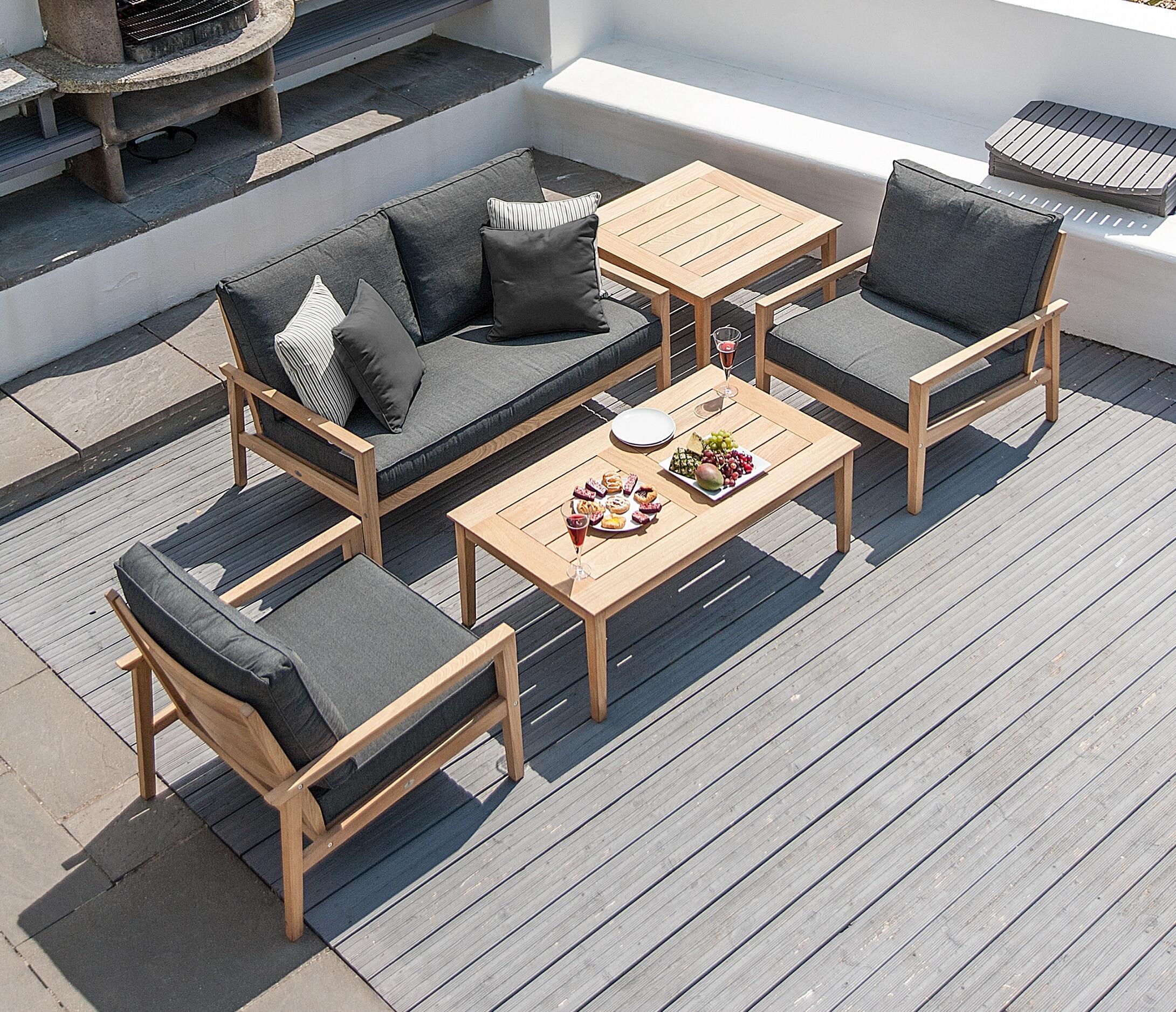 5 piece modern garden lounge set sofa and armchairs and coffee tables in roble hardwood