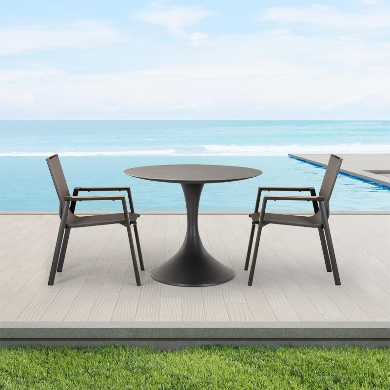 grey modern garden bistro set round table stone and metal all weather sling dining chairs outdoor modern dining aspen