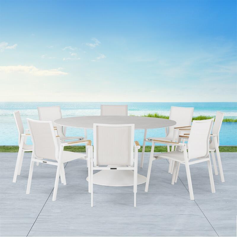 8 seater round garden dining table white stone and aluminium table with sling all weather outdoor dining chairs