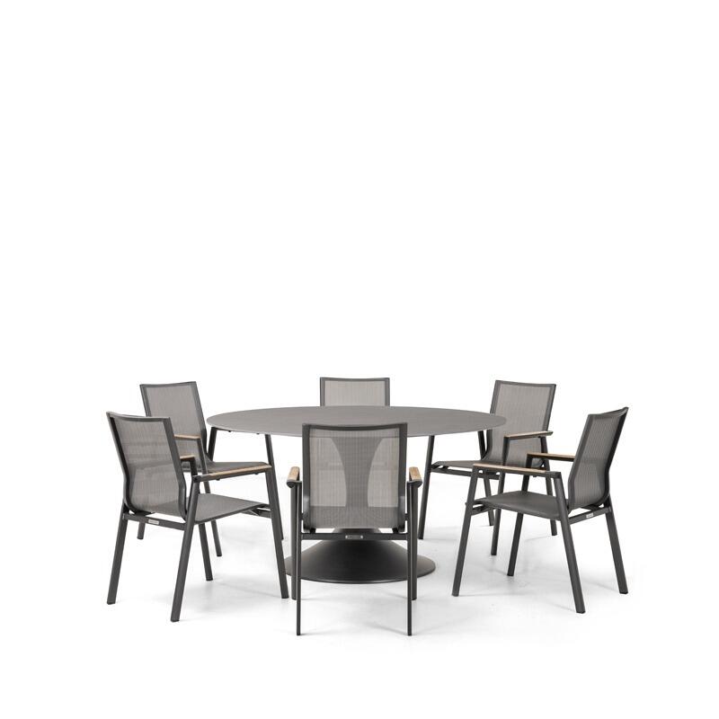 6 seater grey aluminium round modern garden dining table with all weather sling fabric dining chairs sphere and aspen