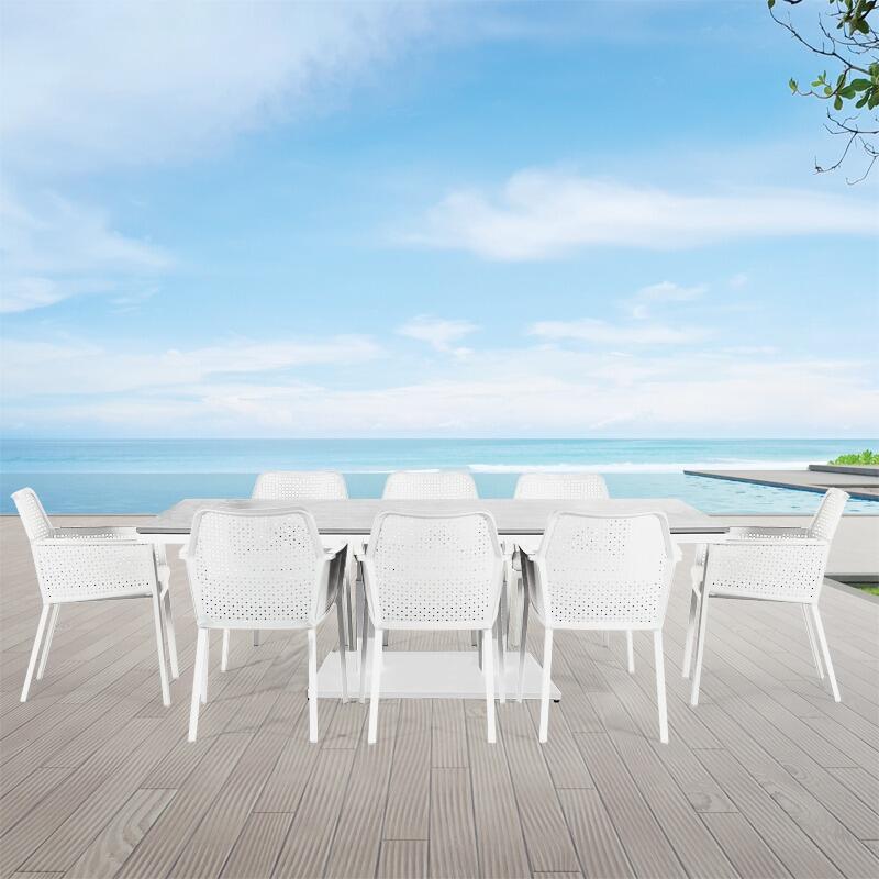 8 seater white stone garden dining set table and chairs in metal aluminium mesh with all weather olefin fabric cushions white and stone