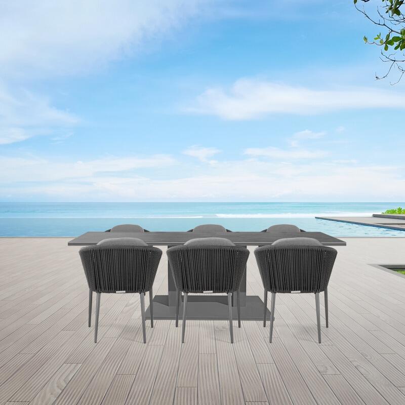 6 seater modern garden dining furniture patio set aluminium and modern grey black wicker chairs all weather cushions