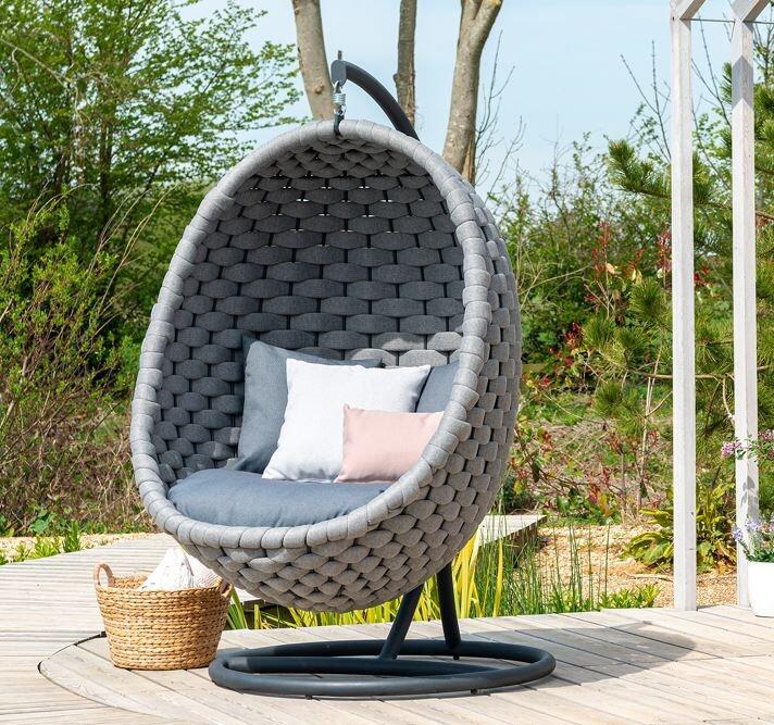 modern garden hanging chair light grey with all weather wide rope weave and cushions