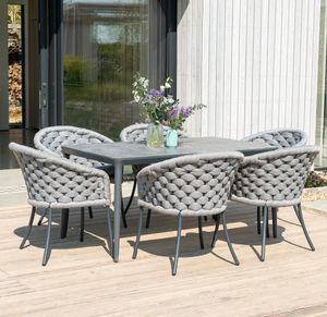 grey rope weave garden dining chairs armchairs with 6 seater rectangle outdoor patio dining table aluminium metal hpl rimini cordial luxe
