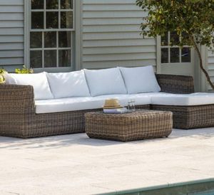 modern rattan garden sofa set with ottoman curvy brown patio indoor outdoor all weather furniture with cream cushions