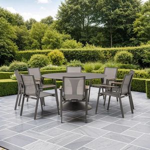 8 seater garden round dining table and all weather aluminium sling patio armchairs aspen sphere grey
