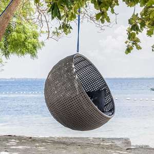 hanging garden chair in modern grey rattan all weather weave with grey all weather cushions for patio and outdoor use