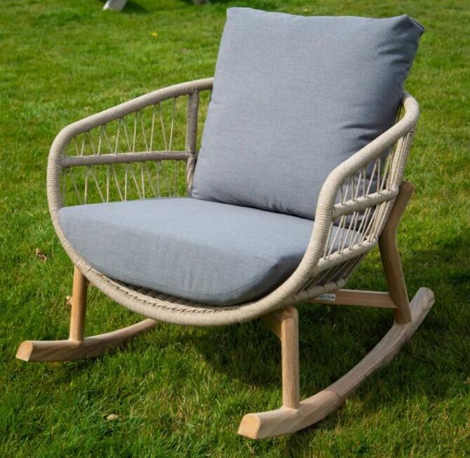 Modern Teak and All Weather Rope Garden Rocking Chair & Optional Foot Stool