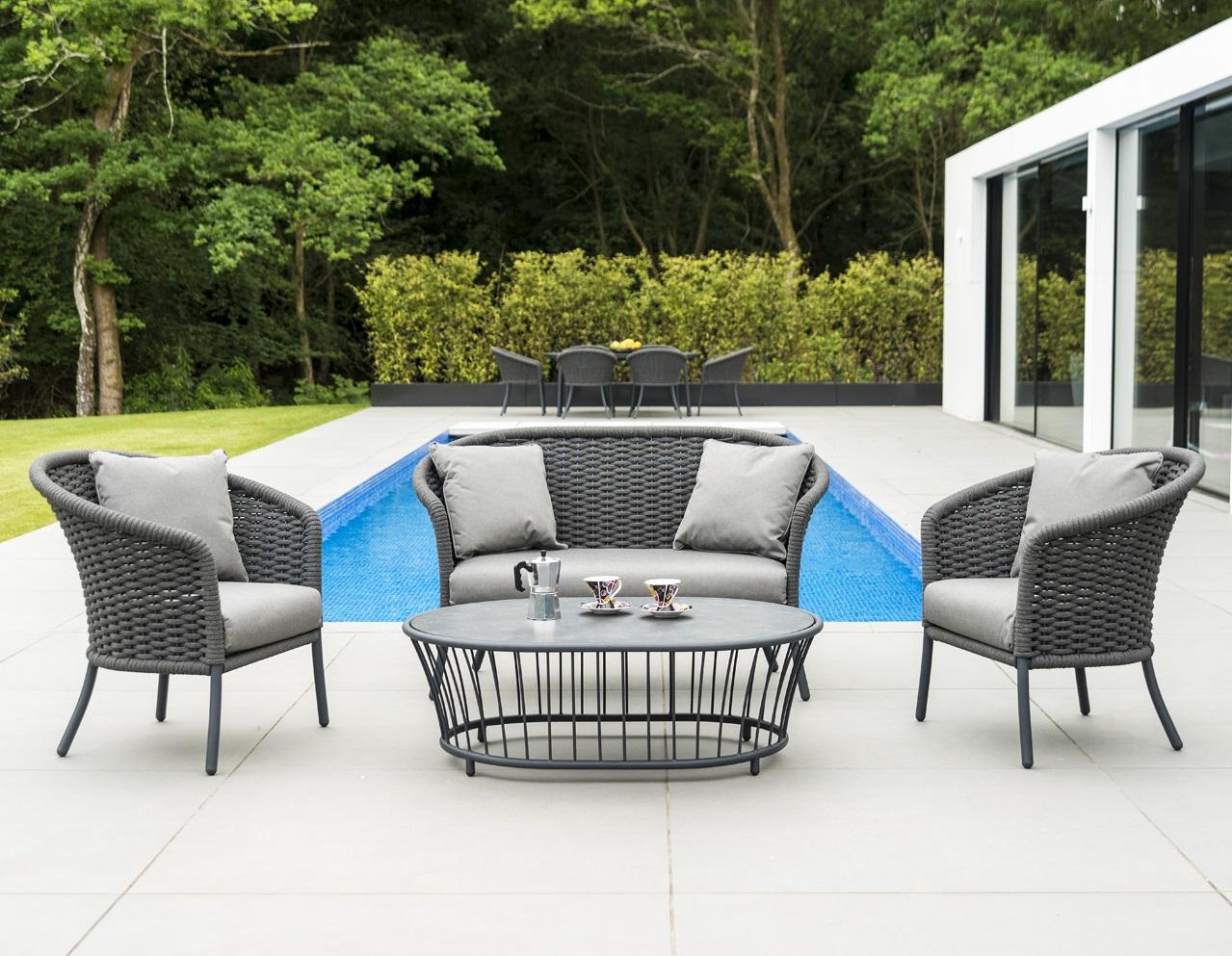 grey modern rope garden lounge sofa with armchairs and coffee table cordial