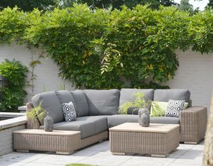 rattan garden lounge corner set with grey weatherproof cushions
