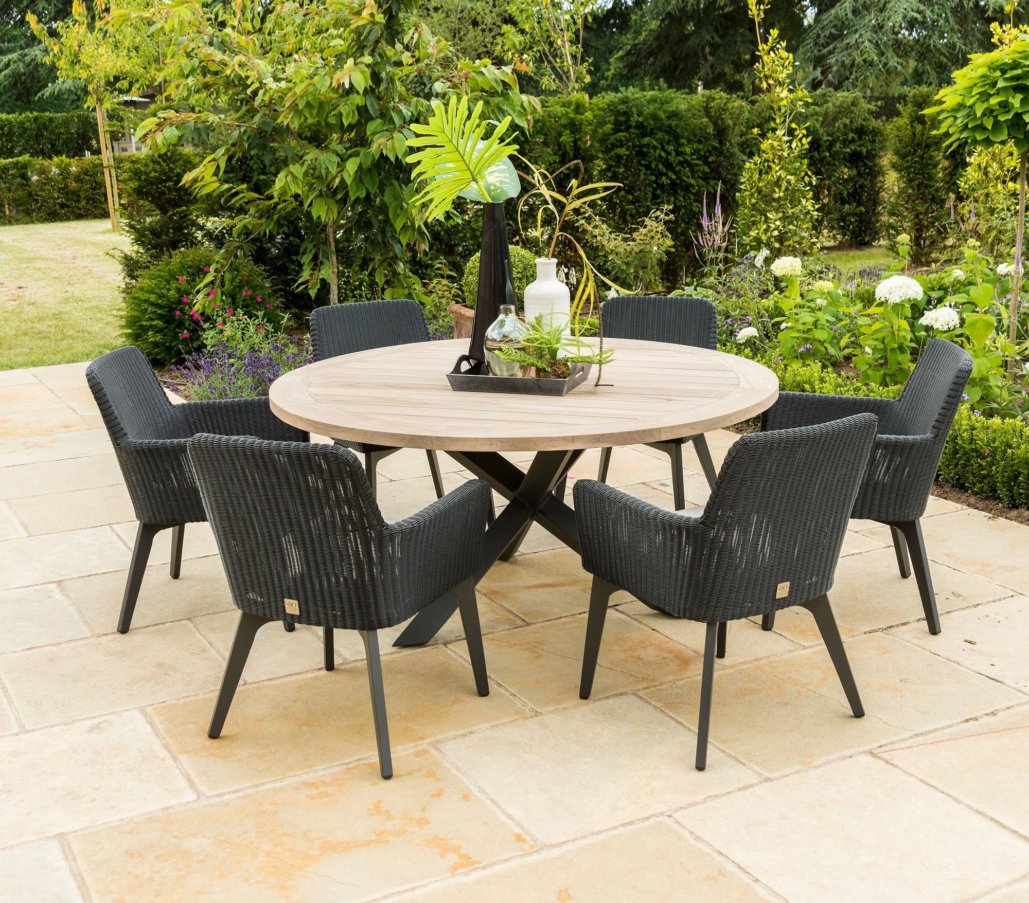 rattan garden dining rope chairs anthracite teak round table rooftop terrace