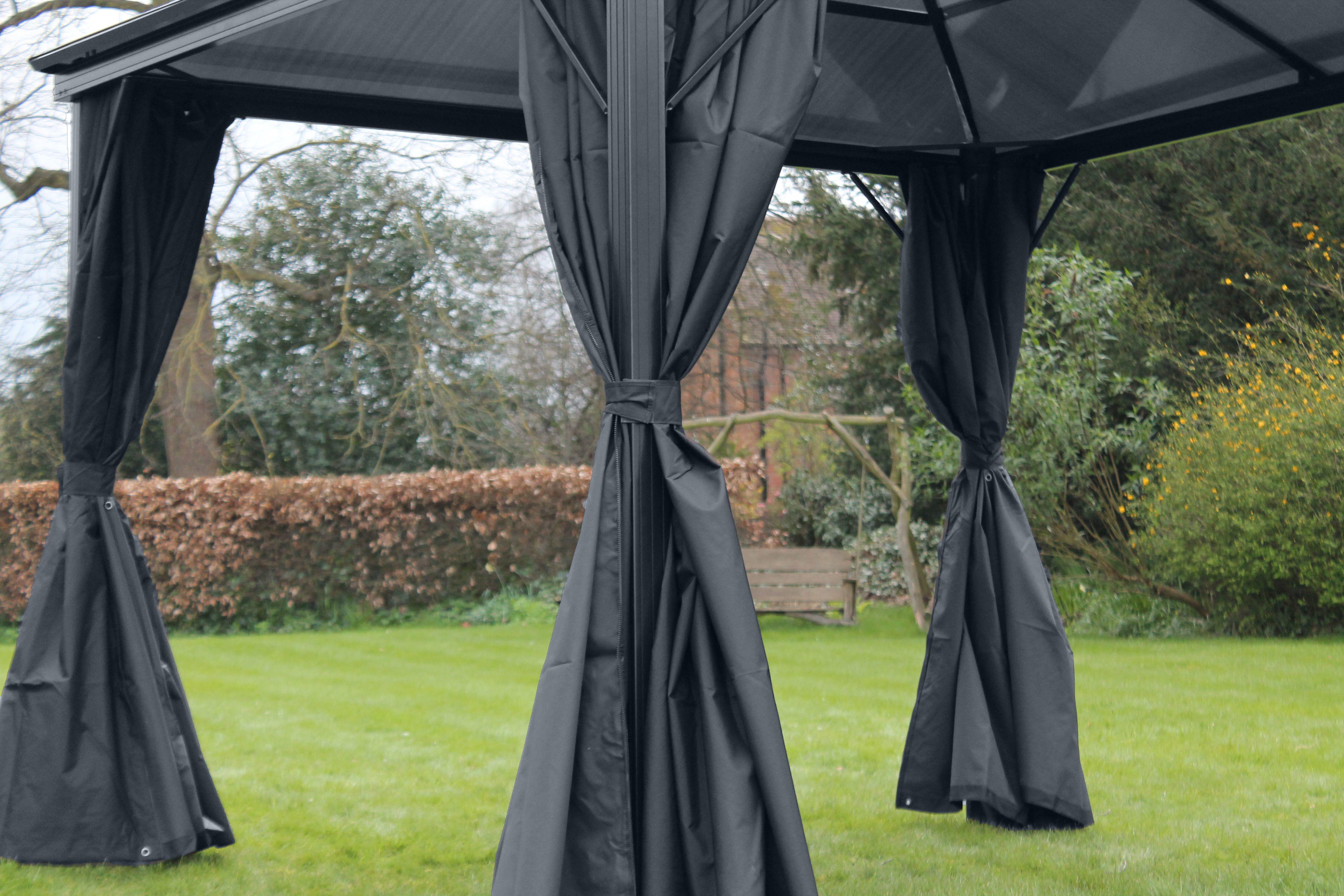 garden gazebo with polycarbonate roof and grey curtains clipped back