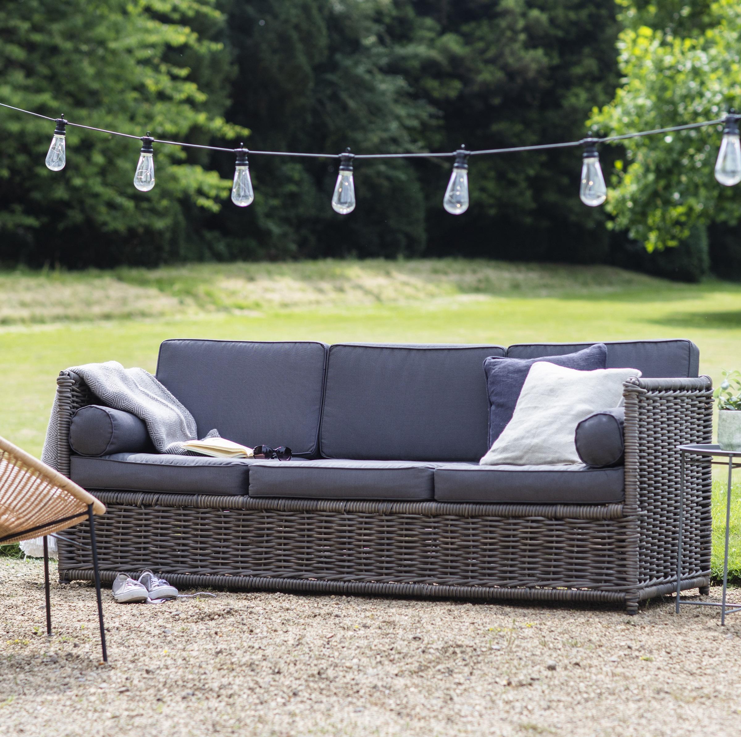 3 seater rattan weave garden sofa with grey shower proof cushions