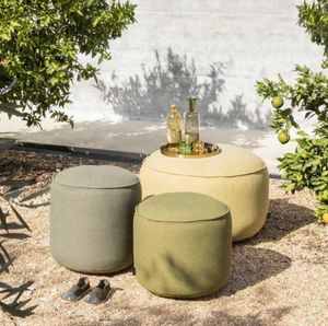 outdoor garden poufs in weather resistant fabric 3 colours yellow, grey and green