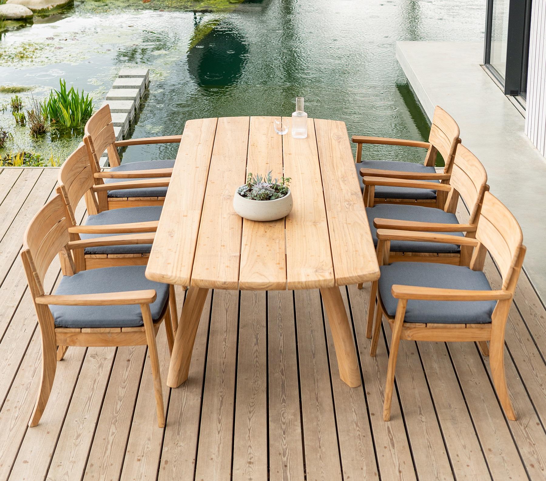 teak garden dining table and chairs chunky FSC hardwood modern with all weather cushions