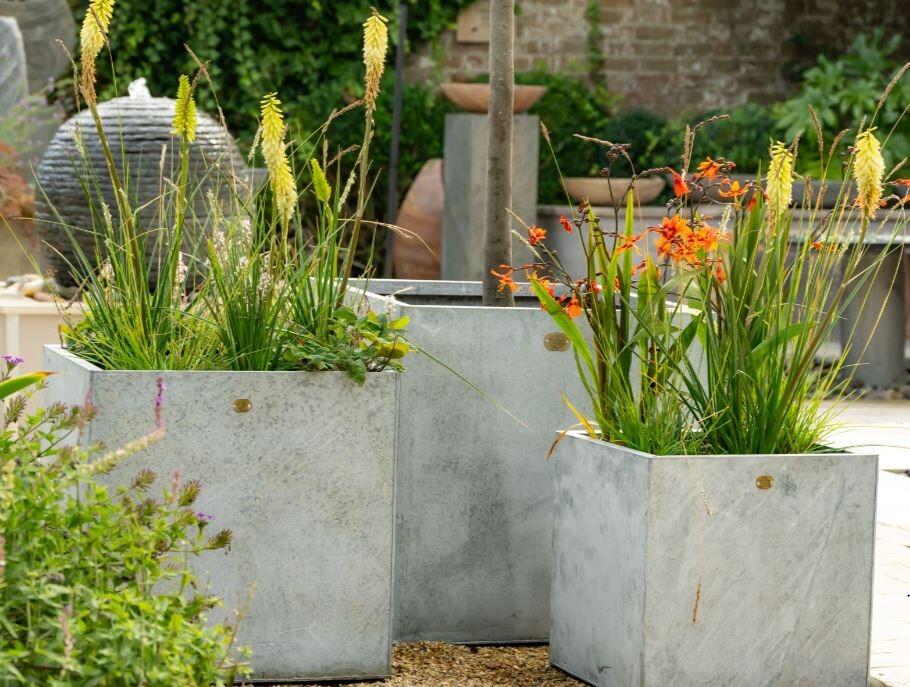 cubed metal garden planters in aged premium galvanised zinc