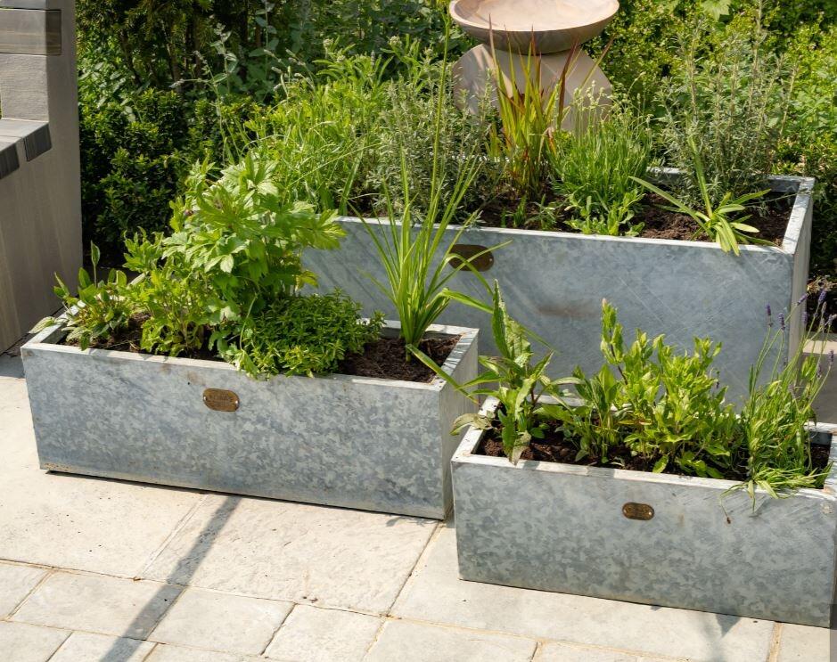 garden trough planters in galvanised zinc metal