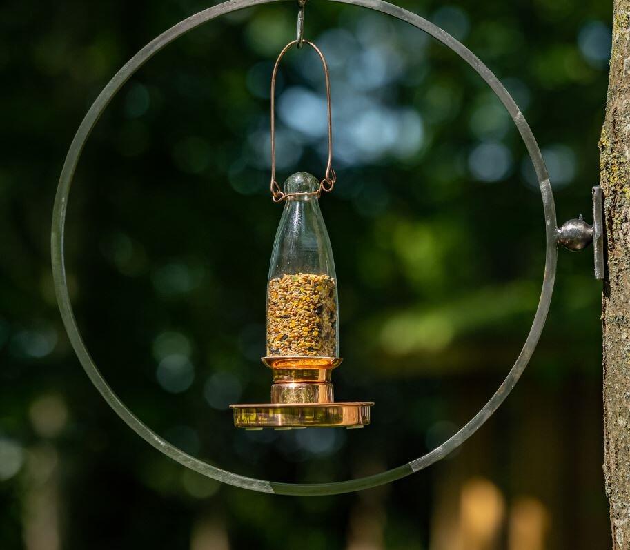 garden bird feeder hand made in glass and copper metal