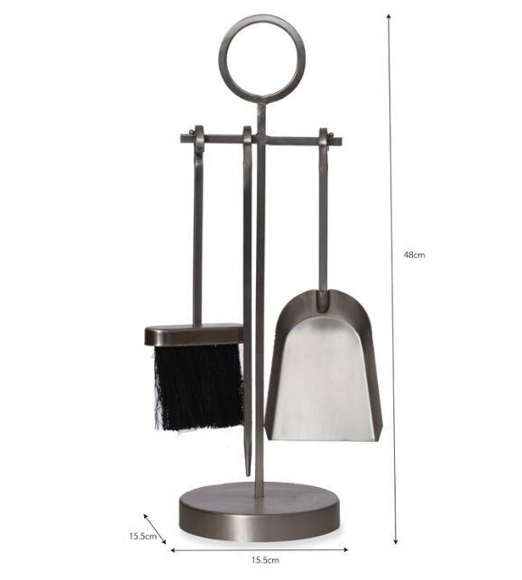 dimensions for compact fireside tools set in silver powder coated steel for fires and log burners