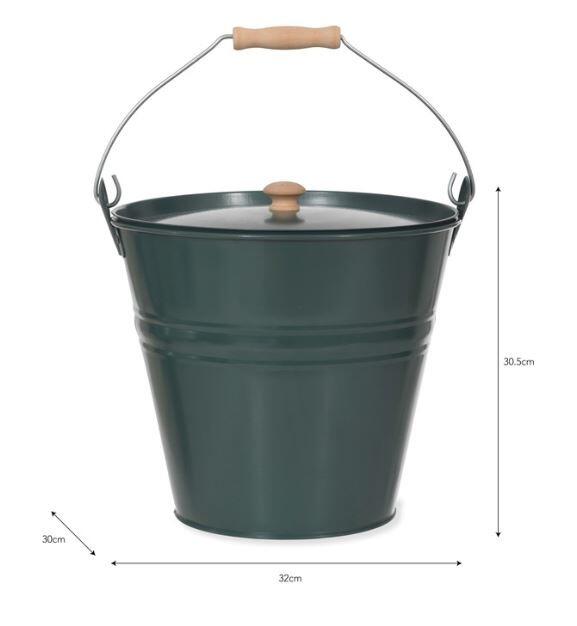 dimensions of dark green metal fireside ash bucket for ash coal kindling wood