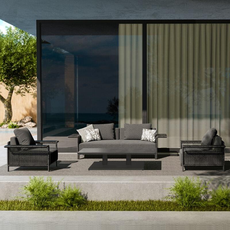 black and grey modern linear rattan weave modern garden lounge sofa and armchairs 4 piece set