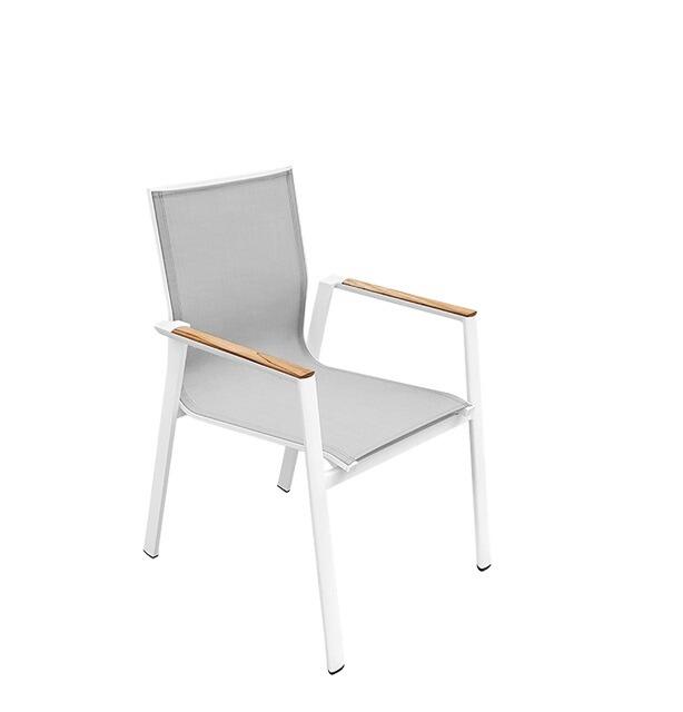 white sling stacking garden dining chair with teak armrests all weather aspen
