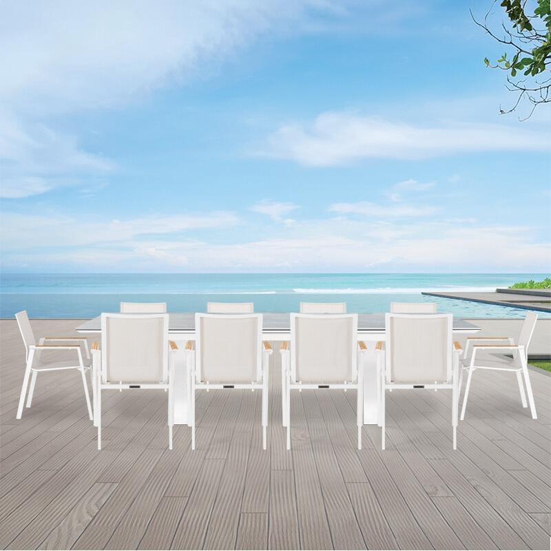 grey modern extending garden dining table 300 cm linear aluminium with sling all weather garden dining chairs