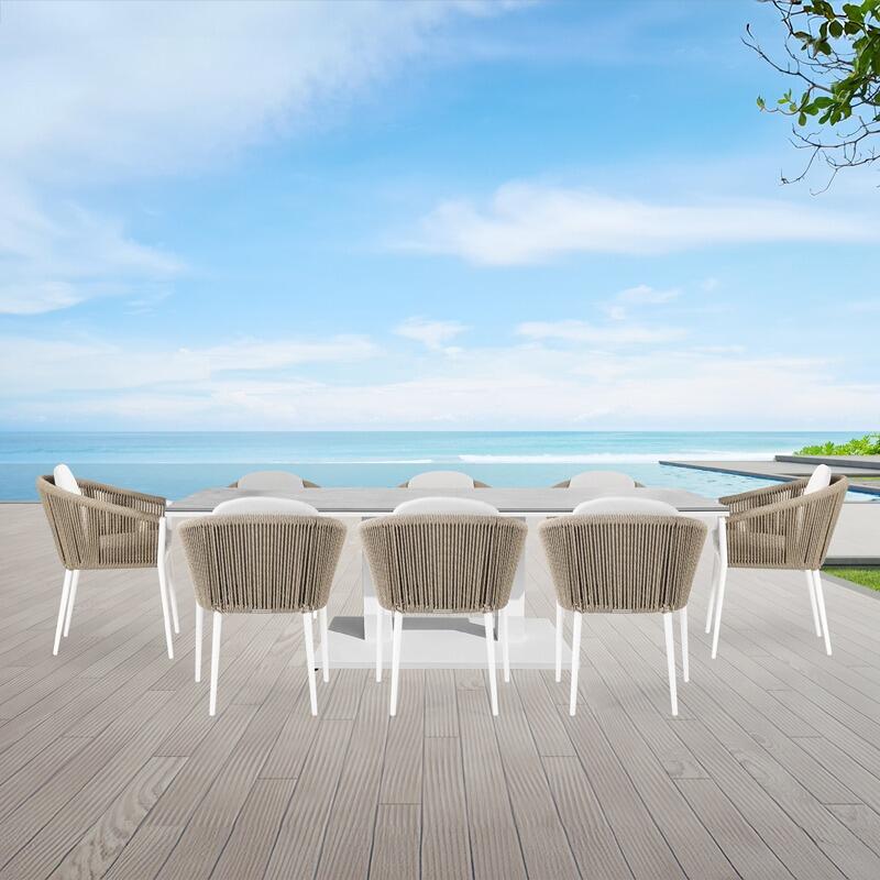 6 seater modern garden dining furniture patio set white aluminium and modern wicker chairs all weather cushions