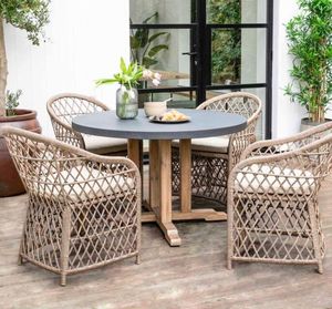 4 seater garden dining table round hardwood acacia with all weather open weave rope armchairs indoor outdoor patio