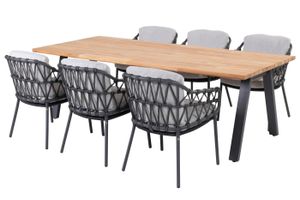 teak large modern garden patio dining table and all weather rope weave patio dining chairs aluminium grey legs
