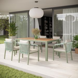 olive green garden dining patio set aluminium and hardwood table with all weather rope weave chairs and cushions genoa
