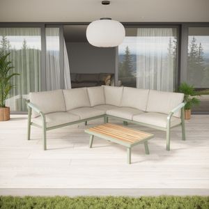 aluminium modern garden corner sofa L shaped olive green all weather rope weave and cream cushions genoa