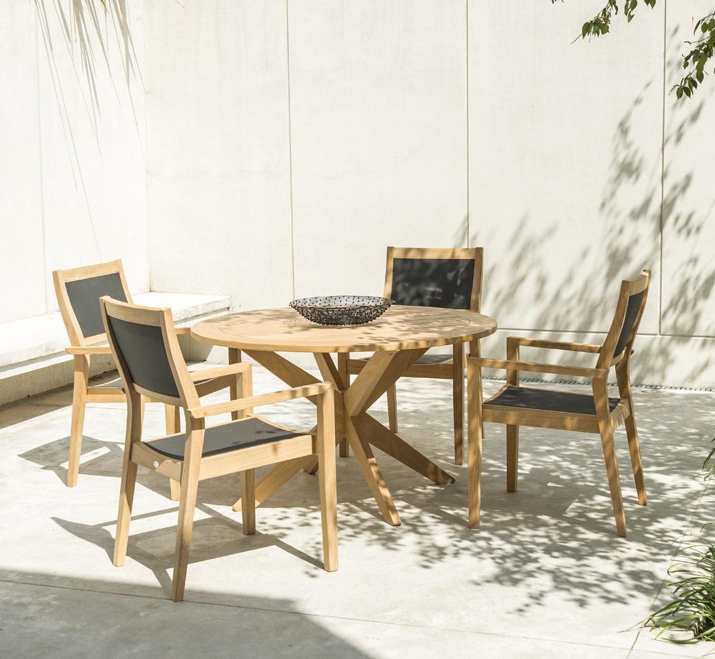 wood round patio garden dining table textilene armchairs outdoor modern
