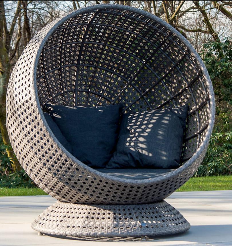 rattan garden hanging lounge chair in all weather grey weave with cushions