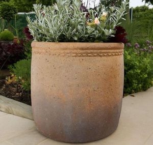 ironstone garden planters large tall cylinder plant pots in aged weathered clay stone