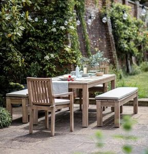 porthallow wood garden  dining patio table benches and chairs with cushions acacia hardwood grey wash