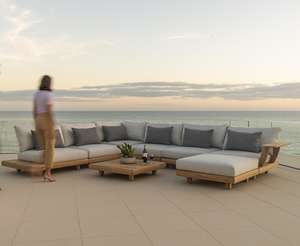 teak garden lounge corner seat with all weather cushions and chaise