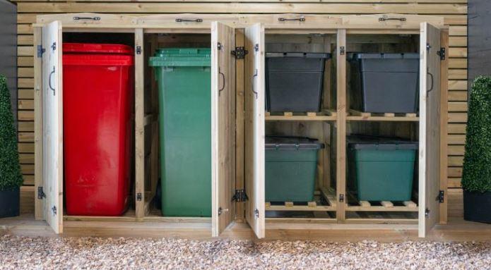 2 wheelie bin and 4 recycle box timber store