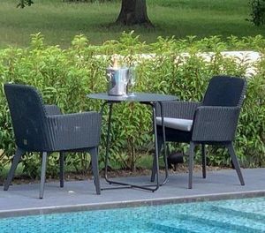 dark grey rattan weave garden dining chairs with aluminium bistro cafe table