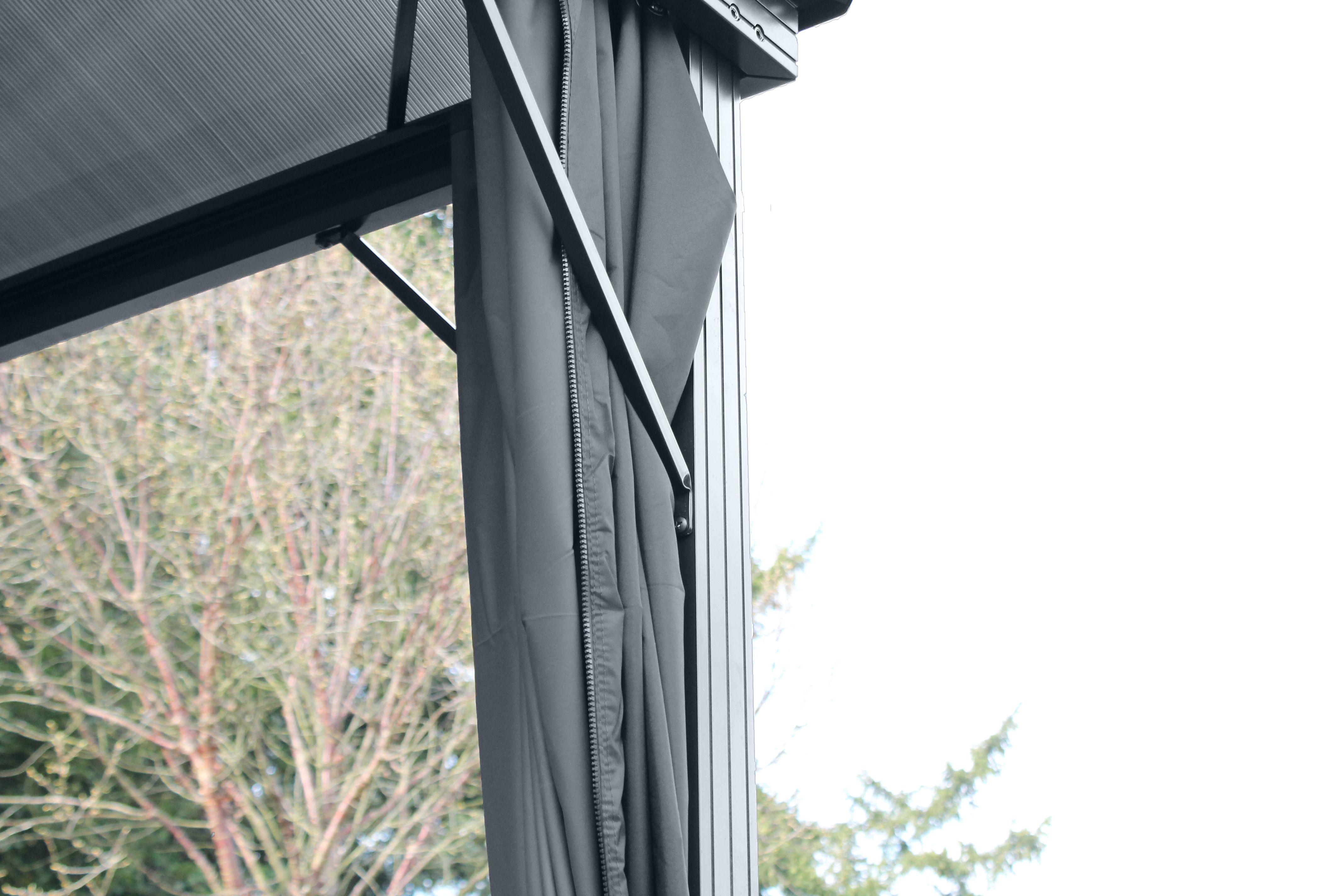 close up of grey curtains on garden gazebo with polycarbonate roof