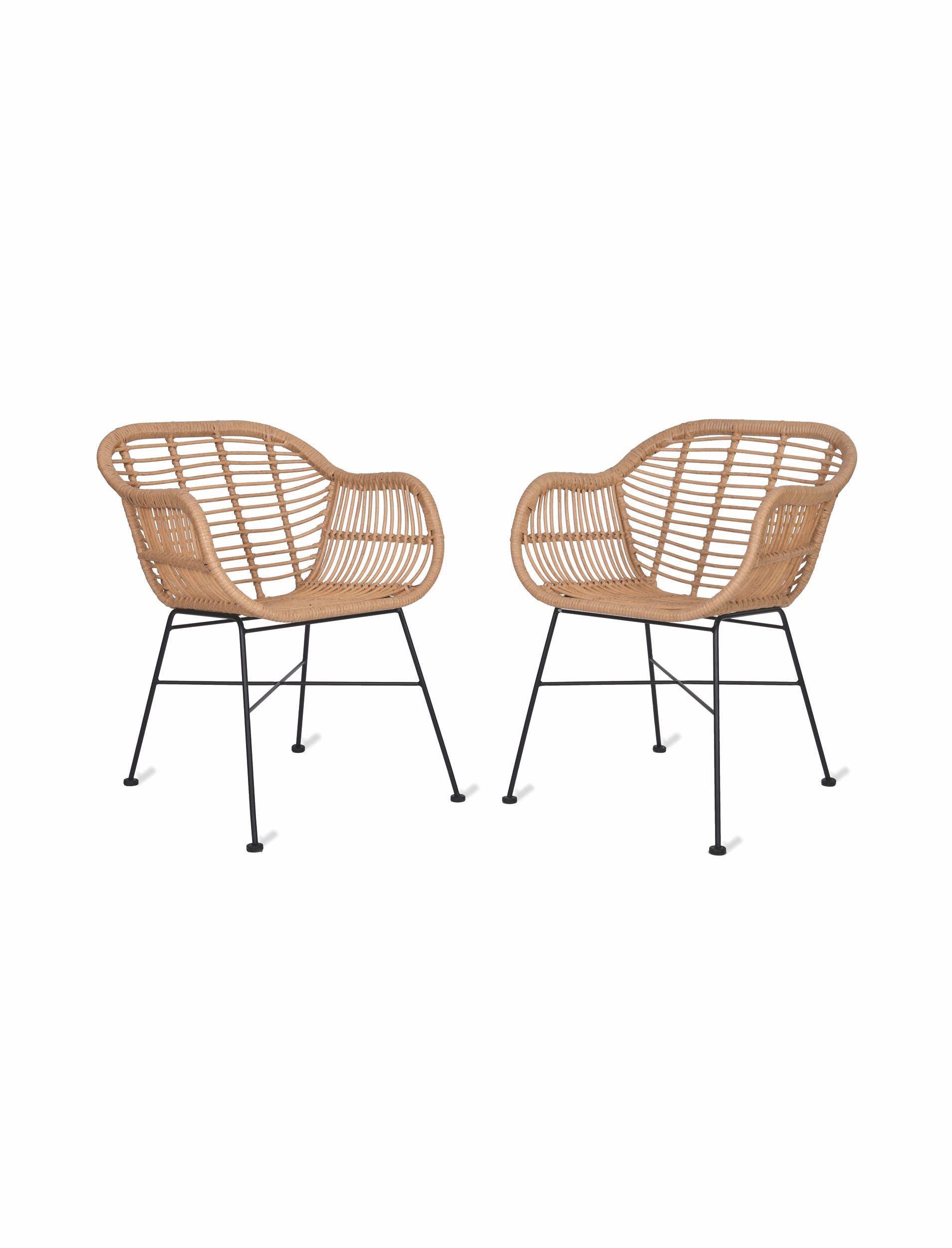 pair of rattan bamboo weave all weather garden dining chairs for indoor and outdoor use