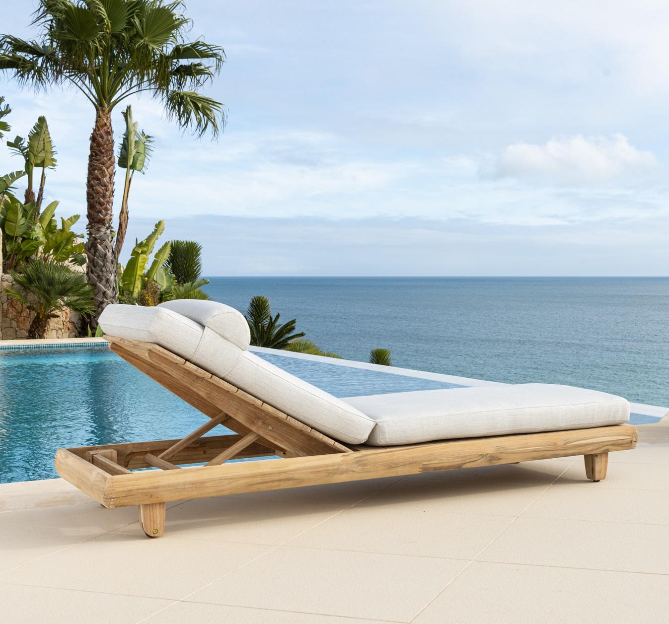 chunky patio teak garden sun lounger with weatherproof cushions