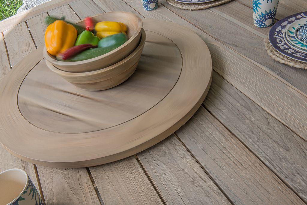teak 65 cm lazy susan and round garden dining table
